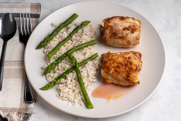 chicken thighs  with rice and asparagus