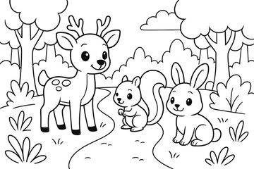 Forest Friends Coloring Page. Forest animals children&rsquo;s coloring book illustration, outlined drawing, cute