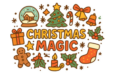Naklejka premium Christmas Magic Doodle. Christmas Magic. Hand-drawn doodle illustration of Christmas Magic. Glass snow globe,
