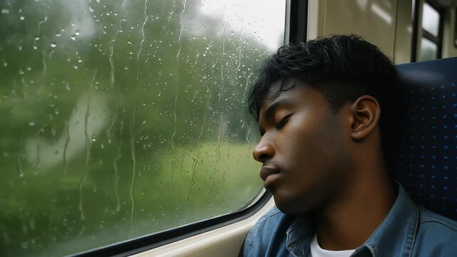 Male sleeping on train near window with rainy landscape outside