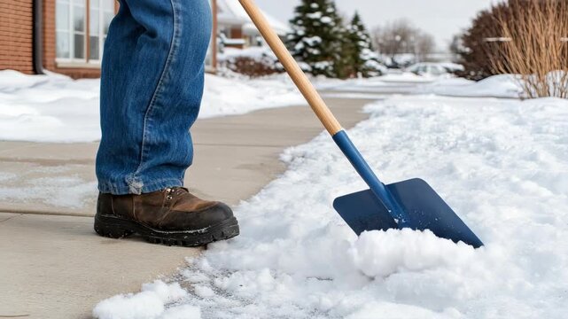 Shoveling snow from the sidewalk in winter to keep the area clear and safe for walking