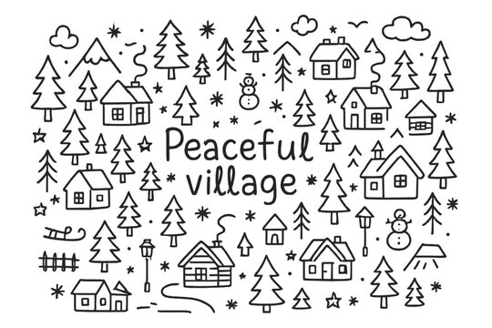 Peaceful Village Doodle. Peaceful village. Hand-drawn doodle illustration of Peaceful village. Small houses,