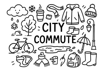City Commute Doodle. City Commute. Hand-drawn doodle illustration of City Commute. Bicycle, wet road, puddle