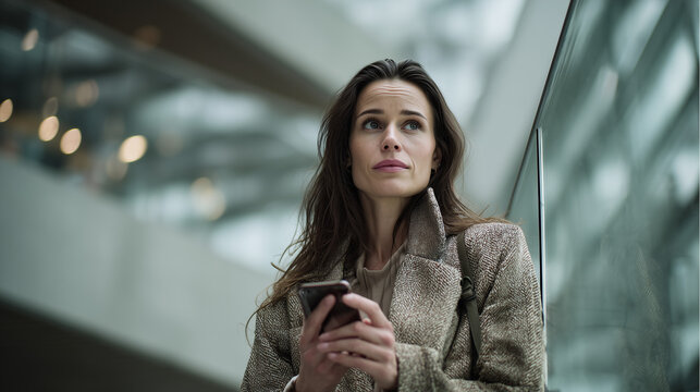 Brunette woman using smartphone inside modern glass bank