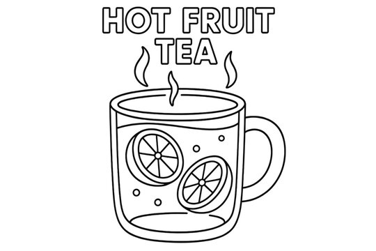 Fruit Tea Coloring. Hot fruit tea children’s coloring book illustration, outlined drawing, transparent mug
