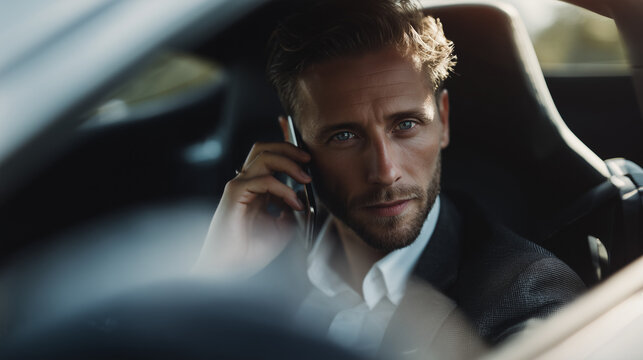 Calm businessman handling call in high-end vehicle interior