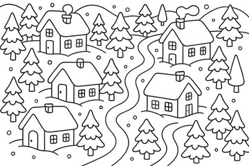 Naklejka premium Winter Village Coloring Page. Winter village aerial view children’s coloring book illustration, outlined