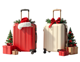  Holiday Travel Suitcases with Santa Hats and Christmas Gifts Bundle, isolated on transparent background