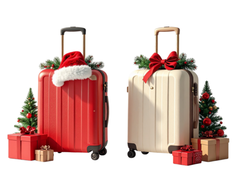 Holiday Travel Suitcases with Santa Hats and Christmas Gifts Bundle, isolated on transparent background - Powered by Adobe
