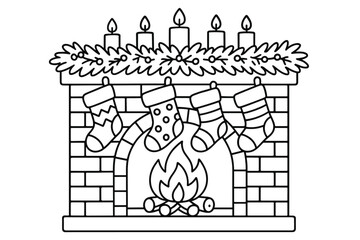 Holiday Fireplace Coloring. Holiday fireplace set children&rsquo;s coloring book illustration, outlined drawing,