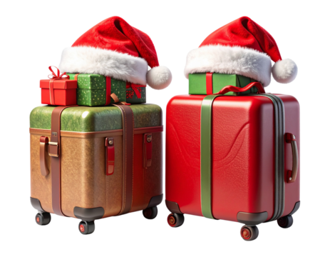 Festive Luggage Variations with Christmas Presents and Santa Hats Collection, isolated on transparent background