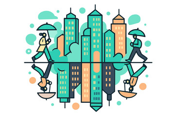 Urban Reflection Symphony. Urban mirror effect. Skyscrapers glowing above, reflections doubling below, tiny