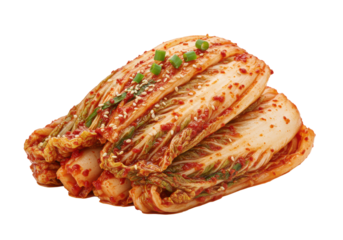 A generous pile of traditional Korean kimchi, fermented napa cabbage with crimson chili paste, sesame seeds, and green scallions, on a transparent background with copy space, concept of delicious
