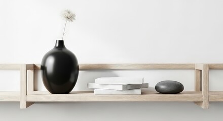 Minimalist composition with black vase and decorative objects on a wooden shelf