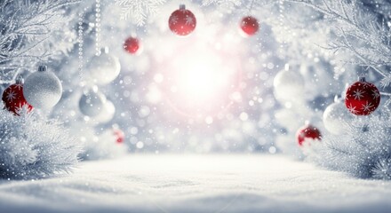 Winterliche Szene mit gl&auml;nzenden roten und wei&szlig;en Kugeln in frostigem Tannenbogen und funkelndem Lichtzentrum schafft elegante festliche Weihnachtsstimmung f&uuml;r Karten Poster und Designs Generative KI