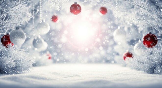 Winterliche Szene mit gl&auml;nzenden roten und wei&szlig;en Kugeln in frostigem Tannenbogen und funkelndem Lichtzentrum schafft elegante festliche Weihnachtsstimmung f&uuml;r Karten Poster und Designs Generative KI