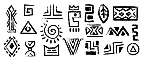 Hand drawn doodle tribal pattern set. Ethnic ancient culture line art elements. African ornament collection. Vector illustration design