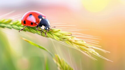 Close-up of a Red Ladybug on Green Wheat Spike in Soft Natural Light