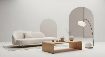 Modern minimalist living room with sofa coffee table and floor lamp design