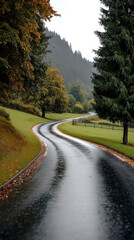 Fototapeta premium Winding wet road through autumn countryside with green grass, pine trees, and distant hills on rainy day