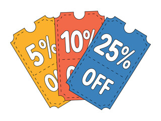 Three colorful discount coupons for 5%, 10%, and 25% off.