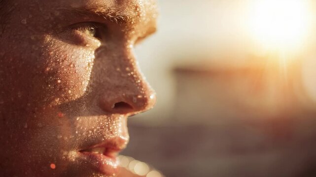 Close-up of a man's face glistening with sweat in the sunlight