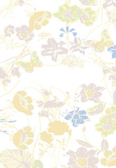 Romantic floral print with wildflowers sketch. Seamless pattern, gentle botanical background with various small flowers. Vector illustration.