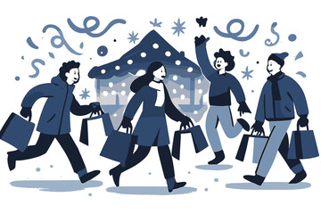 Snowy Shopping Vibes. People with shopping bags in snowy city square. Street market lights glowing behind,