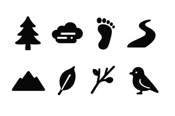 Fototapeta premium Foggy Forest Icons. Foggy Forest Trail. Filled icon set of Foggy Forest Trail: pine tree, fog cloud,
