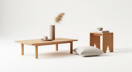 Minimalist wooden furniture arrangement with vase and decorative objects on white background