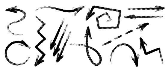 Hand drawn rough grunge arrow set line art. Collection doodle sketch direction sign pointer shape. Infographic element. Vector illustration