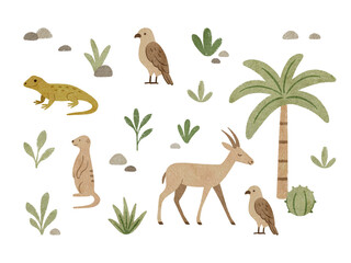 Obraz premium Hand-drawn desert animals elements. Watercolour illustrations. PNG pack