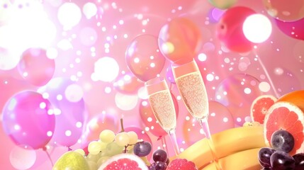 Colorful Celebration with Balloons Fruits and Champagne Flutes in Pink Background
