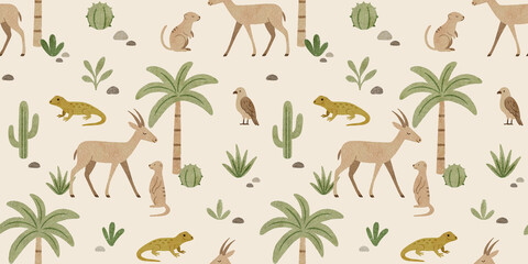 A repeating pattern of desert animals and cactuses on a background with desert plants