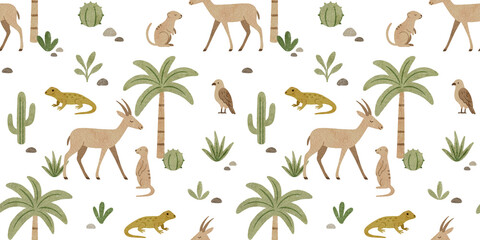 A repeating pattern of desert animals and cactuses on a background with desert plants