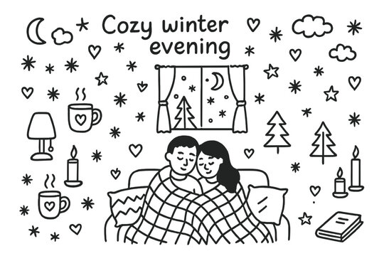 Cozy Winter Evening. Cozy winter evening. Hand-drawn doodle illustration of Cozy winter evening. Couple, mugs,