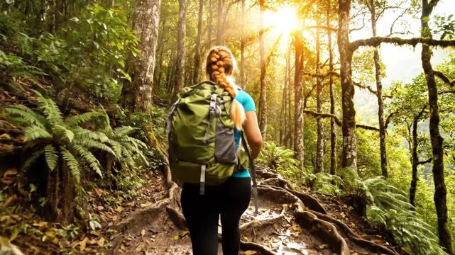 Woman hiking in a lush forest with sunlight streaming through the trees. Video 4K - Powered by Adobe