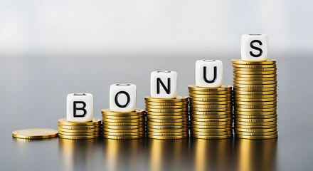 Increasing Financial Rewards: Stacks of Gold Coins Form a Rising Graph with the Word BONUS on Top