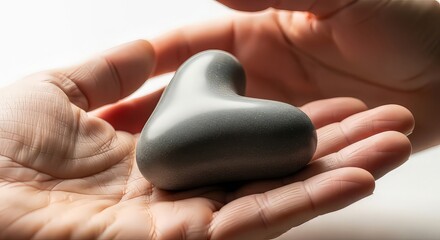 Hands holding gray heart shape object against white background