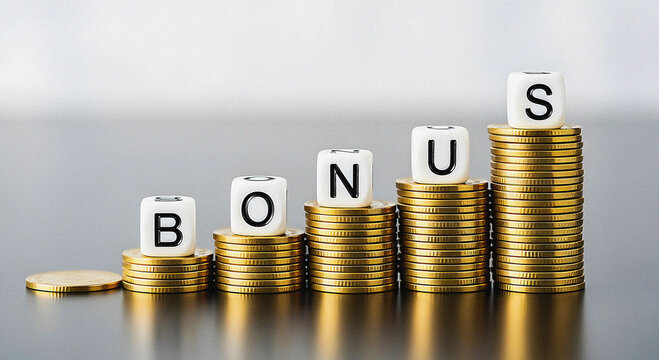 Increasing Financial Rewards: Stacks of Gold Coins Form a Rising Graph with the Word BONUS on Top