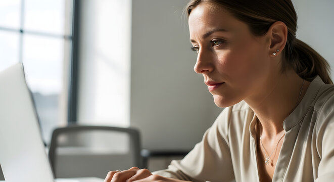 Focused professional woman working on laptop in bright, modern office setting with natural light.