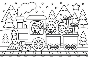 Naklejka premium Winter Train Adventure. Holiday train journey children’s coloring book illustration, outlined drawing, train