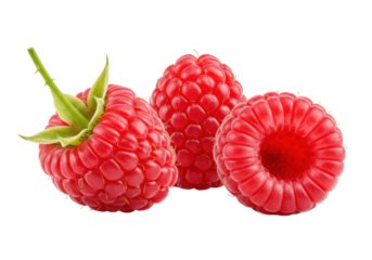 Three vibrant red raspberries with defined drupelets, green stems, leaves, one showing its hollow white core, isolated on transparent background with copy space, fresh berry food concept