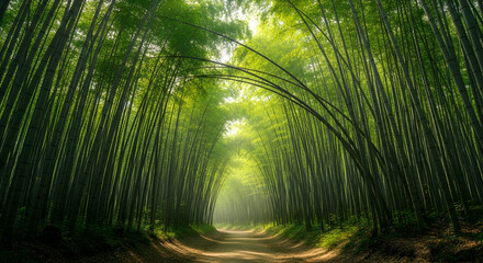 Fototapeta premium A narrow path surrounded by tall bamboo, soft diffused light, peaceful green tones, focused and calm atmosphere.
