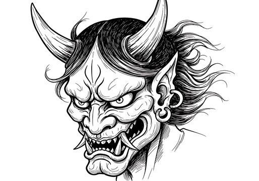 Fierce oni mask with sharp fangs and horns