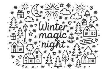 Winter Magic Night. Winter magic night. Hand-drawn doodle illustration of Winter magic night. Fireworks,