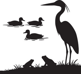 Naklejka premium a heron and frogs on a bank with ducks swimming in a pond silhouette vector