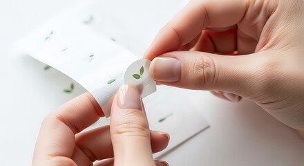 Womans hands peeling off small sticker with leaf design copy space