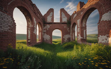 Weathered brick ruins with arched openings in a green field