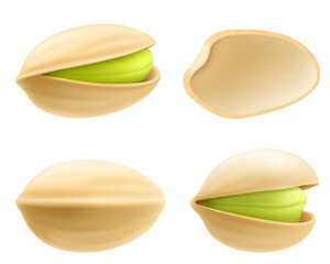 Set of realistic pistachios in 3d style. Pistachios in shell and without shell isolated on white background. Natural organic food. Design element for nuts packaging, advertising. Vector illustration.